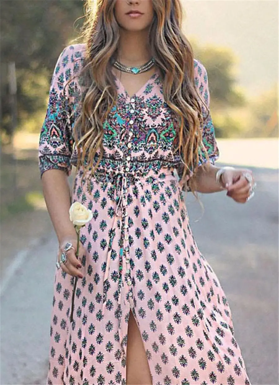 Gladiolus Boho Long Summer Dress Women Half Sleeve V Neck Button Print Floral Women Beach Dress 2019 Ladies Sexy Maxi Dresses (35)