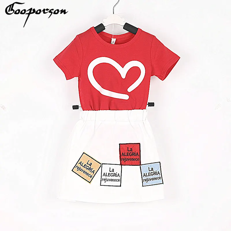 الفتيات الملابس مجموعات الصيف موضة جديدة نمط مطبوعة تي شيرت + صافي الحجاب اللباس 2 قطع الفتيات الملابس مجموعات قميص + تنورة