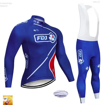 

2019 Blue UCI FDJ Winter Thermal Fleece Cycling Wear Cycling Team 16D Pads Bike Pants Set Mens Ropa Ciclismo Maillot Culotte