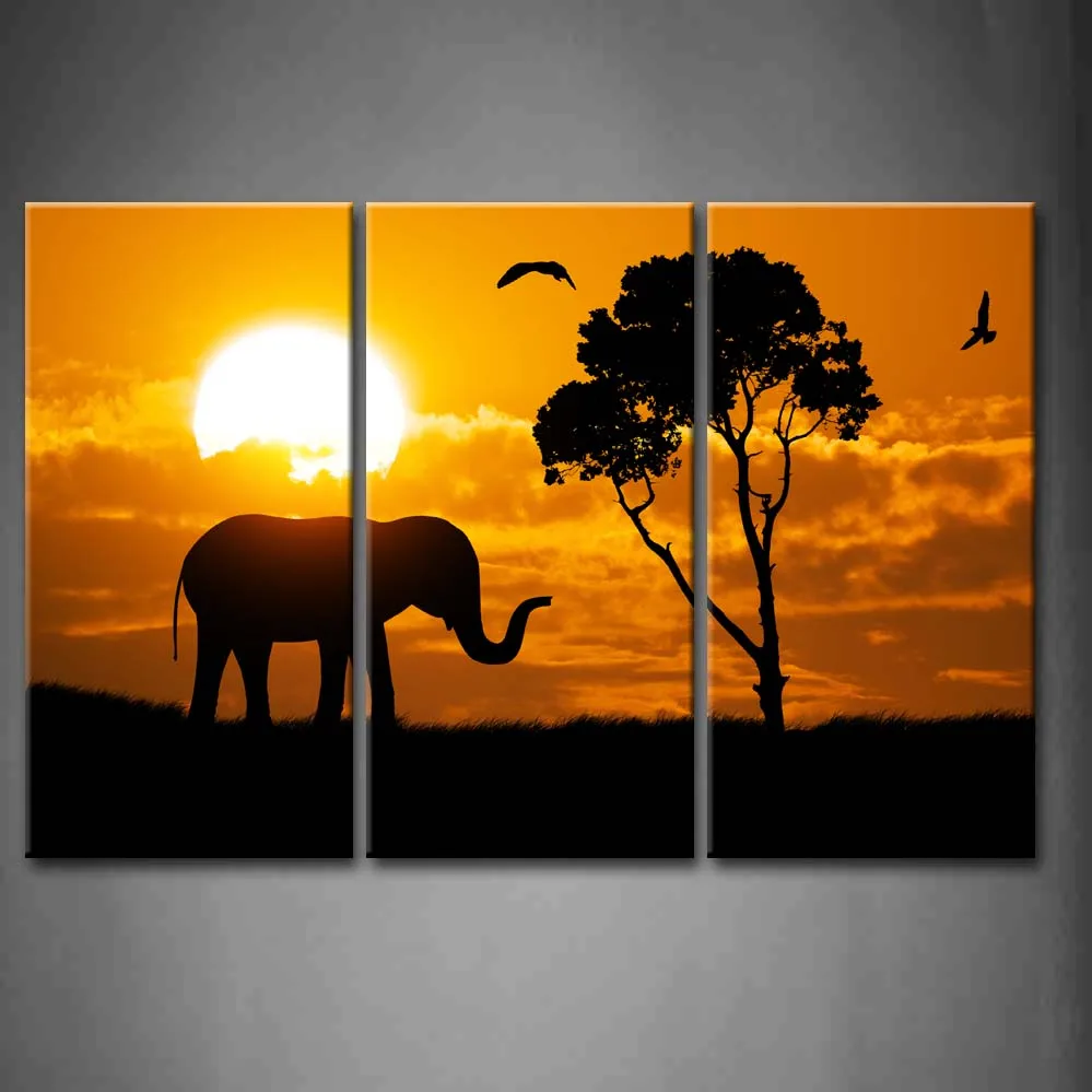 

Framed Wall Art Pictures Elephant Bird Tree Canvas Print Artwork Animal Modern Poster With Wooden Frame For Living Room