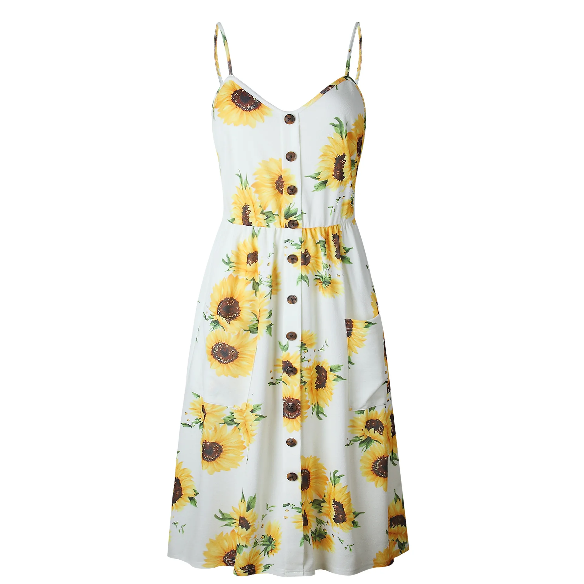 

Sexy V Neck Backless Floral Summer Beach Dress Women 2019 White Boho Striped Button Sunflower Daisy Pineapple Party Midi Dresses