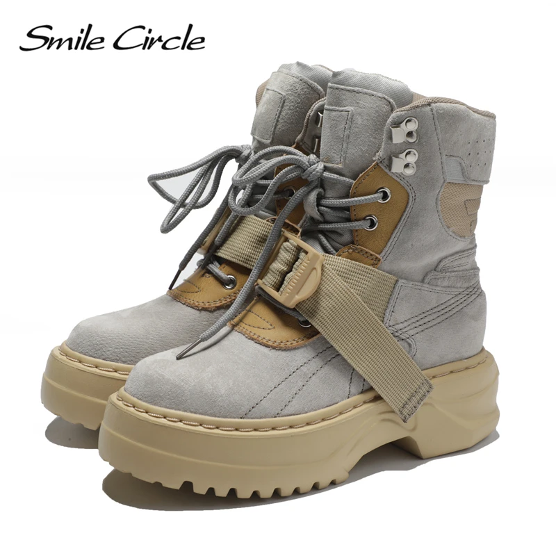 

Smile Circle Autum/Winter Women Chunky Boots Fashion Flat platform Shoes Ladies High-top Lace-Up Shoes Motorcycle Booties Boots