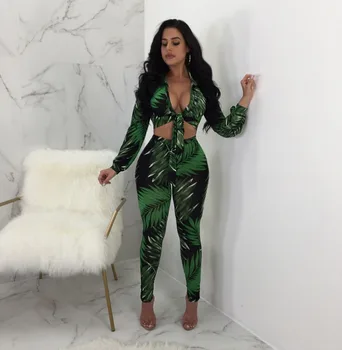 

Green Leaf Digital Print Women V Neck Full Sleeve Top With Pants Women Suits