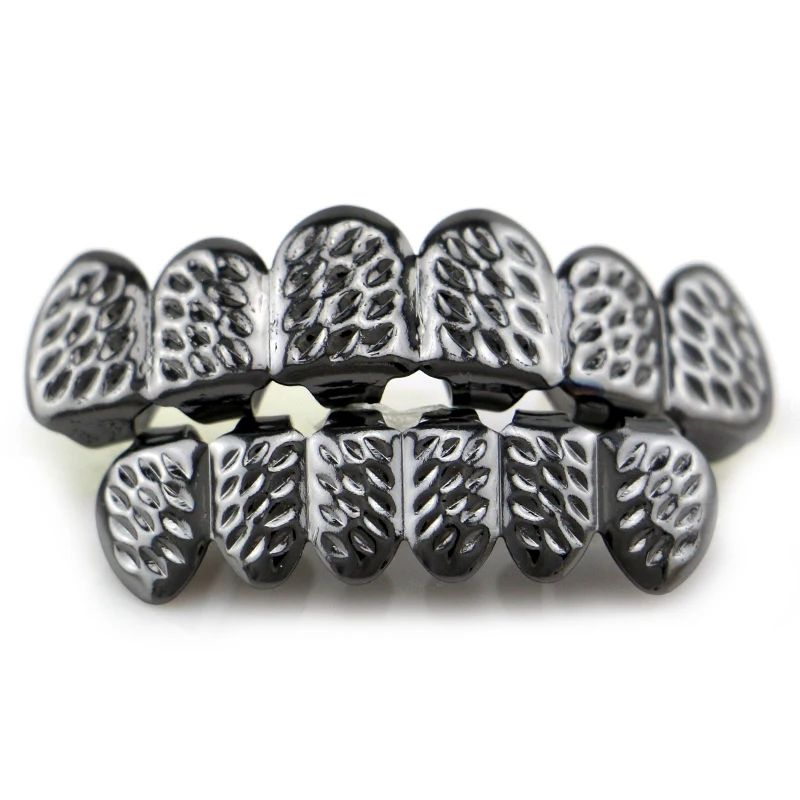 

Black Gun Plated Pattern Teeth Grillz Top & Bottom Grillz Set with Silicone Vampire for Party Gift Golden Silver Body Jewelry