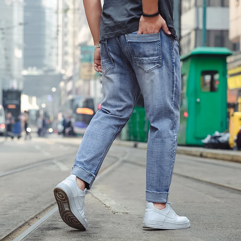  Plus-size Spring Autumn Men Stretch Blue Denim Trousers Scratched Ripped Bur Leg Loose Man Stretch Quality Comfortable Jeans