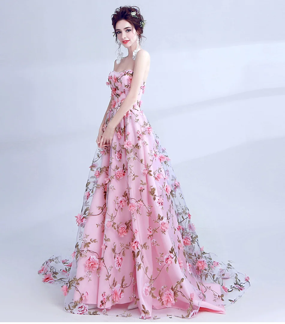 Walk Beside You Pink Flowers Prom Dresses 2020 Long Strapless Sweetheart vestido de formatura longo Evening Gown Party Halloween