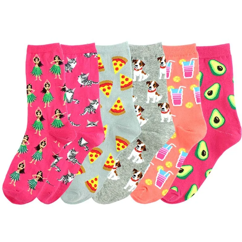 

Adult Size Mid Calf Crew Cotton Funny Socks Drinks Hula Dancing Girl Pizza Beagle Hunting Basset Hound Dog Kitten Kitty Avocado