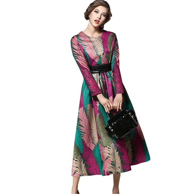 

Fashion Slim Print Flower Dress Ladies Long Sleeve O-neck Big Swing A-line Dress Women Mid-calf O-neck Party Dresses YP2224