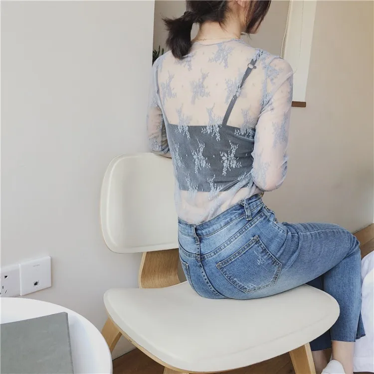 Summer Women Lace Floral Embroidery Blouses Shirt Ladies tops Sexy mesh Blouses Transparent Elegant See-through Black Shirt