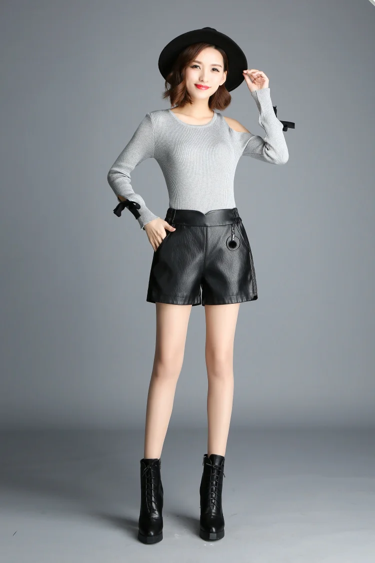 SHINYMORA новые осенние повседневные шорты из искусственной кожи для женщин с Высокой Талией Модные эластичные свободные короткие штаны размера плюс L-4XL