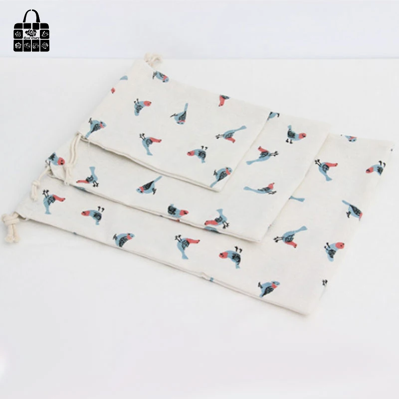 1pcs Sparrow printed 100% cotton bag Travel Accessories Clothes underwear shoes toy Storage Pouch Luggage Packing Organizers bag