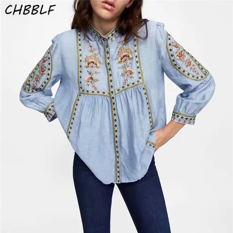 

CHBBLF women elegant floral embroidery blouse stand collar long sleeve shirts female wear loose chic tops blusa CDC8785