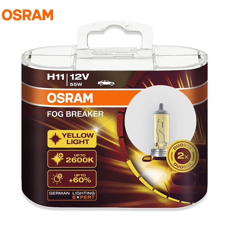 

OSRAM Fog Breaker 2600K H1 H3 H4 H7 H8 H11 H16 9005 9006 12V Bulbs 200% Yellow Light 60% More Bright Car Halogen Lamps OEM 2pcs