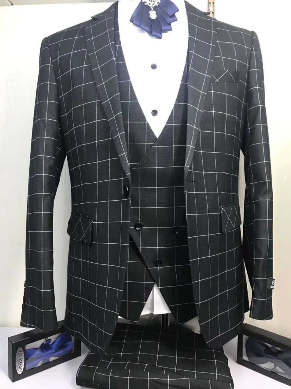 偉大な 2018 グレーゴールド格子の男性が結婚式scostumeオムマリアージュスリムフィットダブルブレストベスト 3 ピースビジネス