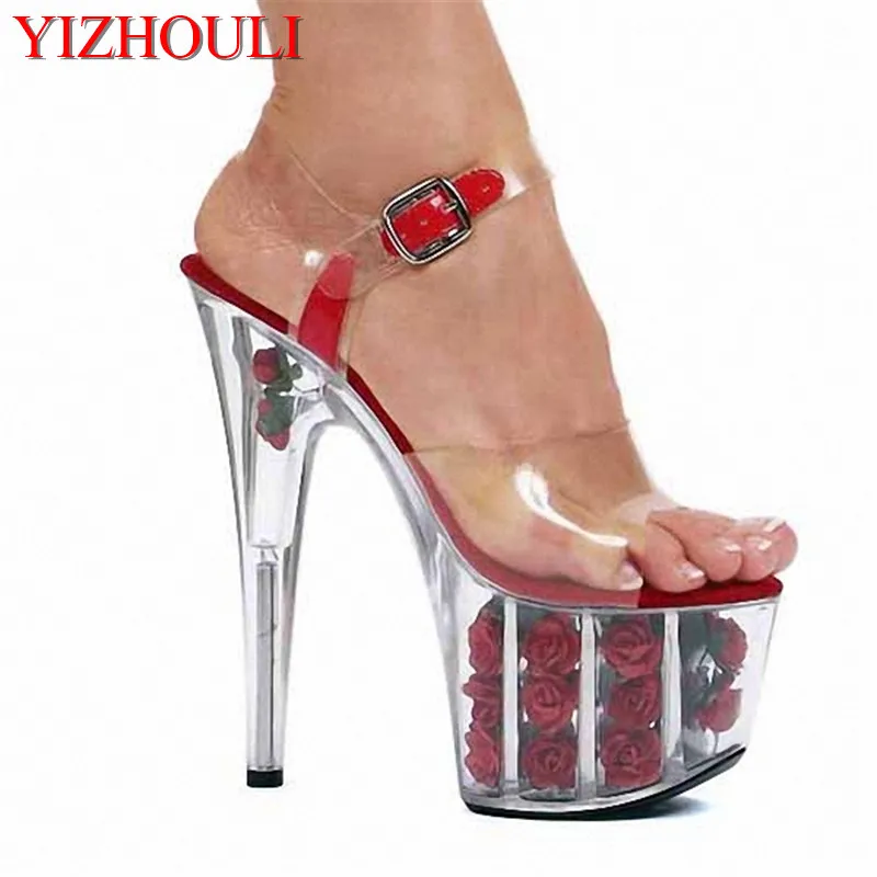 15 cm solid color roses adorn high heels, bridal shoes modern nightclub sexy high heels dancing shoes