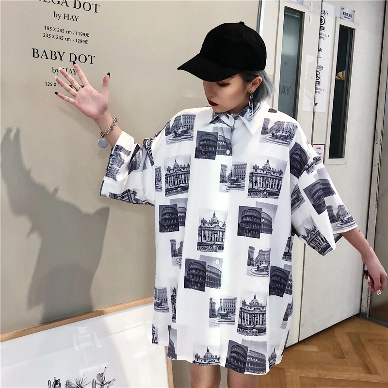 

Harajuku Fashion Colosseum Print Women Shirts Vintage Mid-Long Short Sleeve Shirts Summer Streetwear Loose Shirts Feamle