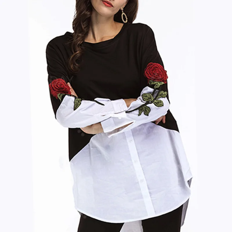 New Women Rose Print Embroidered Shirt Stitching Color Loose Long Sleeve Tops Irregular Button Tops Blouse