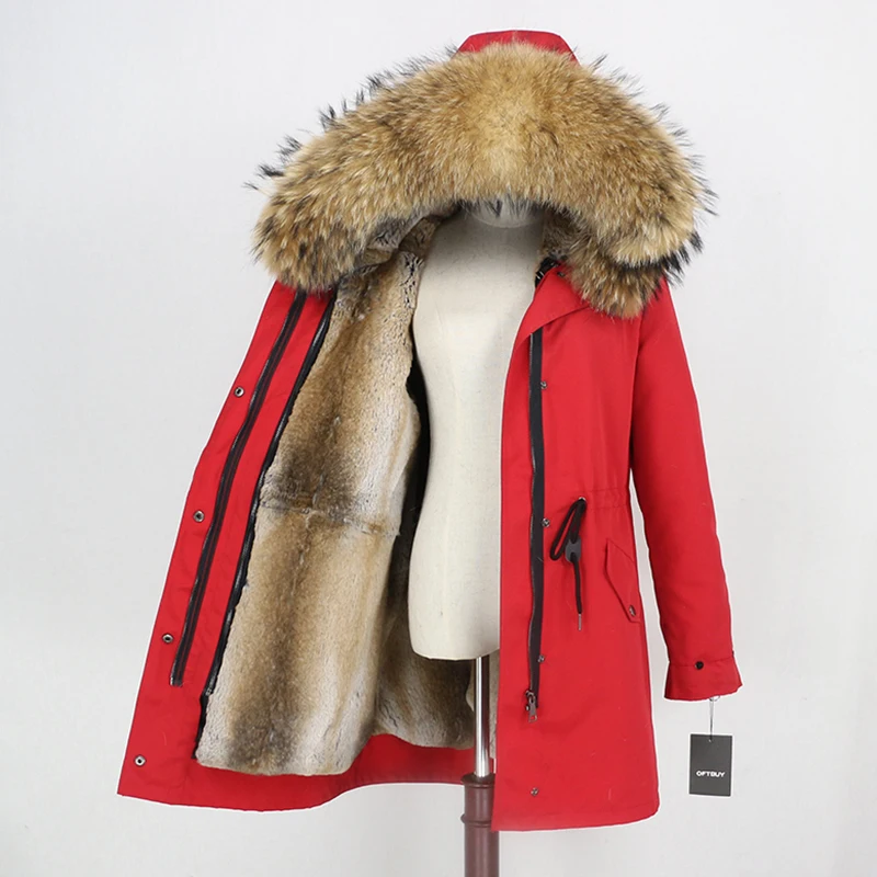 Женская меховая куртка OFTBUY, водонепроницаемая парка песочного цвета с подкладкой из натурального кроличьего меха, с меховой отделкой на капюшоне, верхняя одежда зима - Цвет: real natural natural