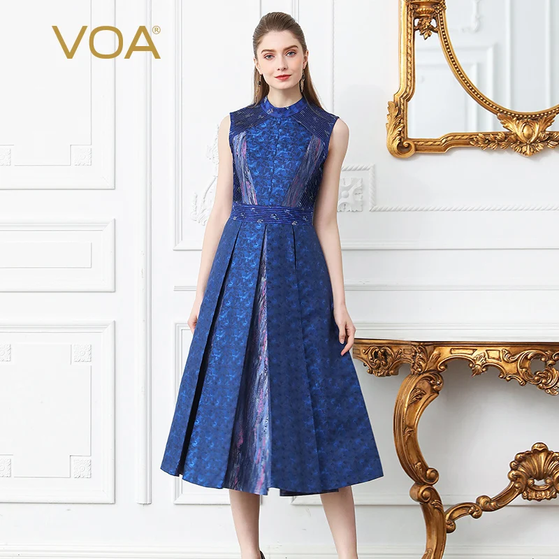 

VOA Silk Yarn-dyed Jacquard Dress Plus Size 5XL Women Slim Tunic Blue Sleeveless Vintage Pleated Dress Print Spring A305