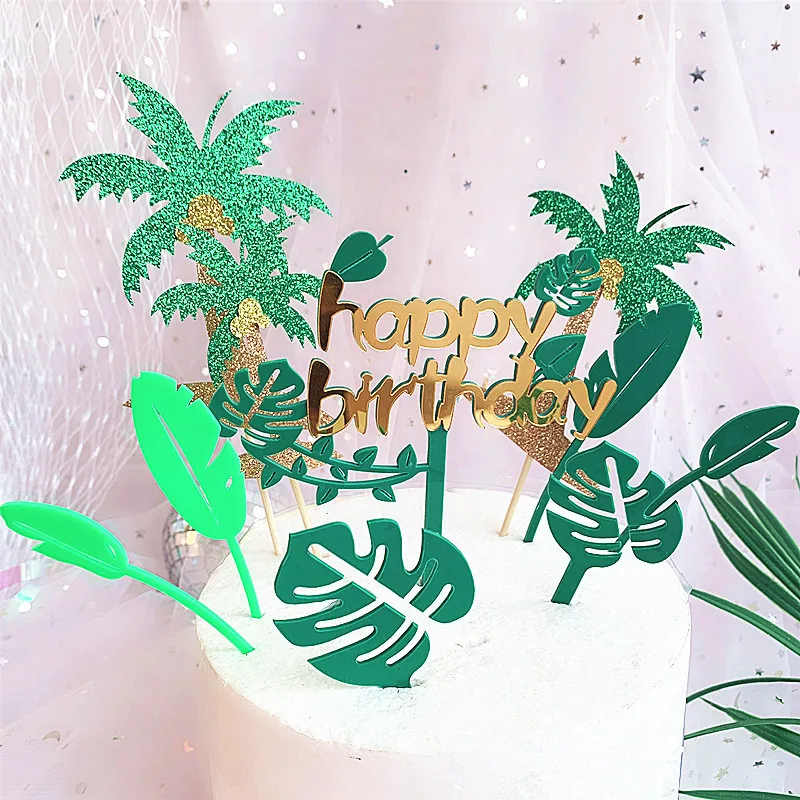 

Happy Birthday Acrylic Cake Topper Tree Leaf Cupcake Topper For Kids Birthday Summer Party Cake Decorations 2019 New Baby Shower