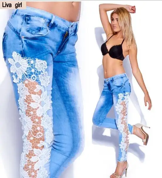 

Fashion new 2018 jeans sexy lace stitching hollow lace jeans wholesale