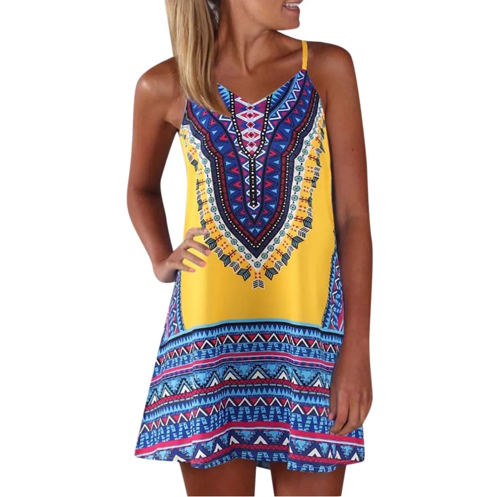

2019Women Bohemian Summer Dress Females Print Color Block Sundress Ladies Sleeveless A-Line Mini Dress Off Shoulder Camis платье