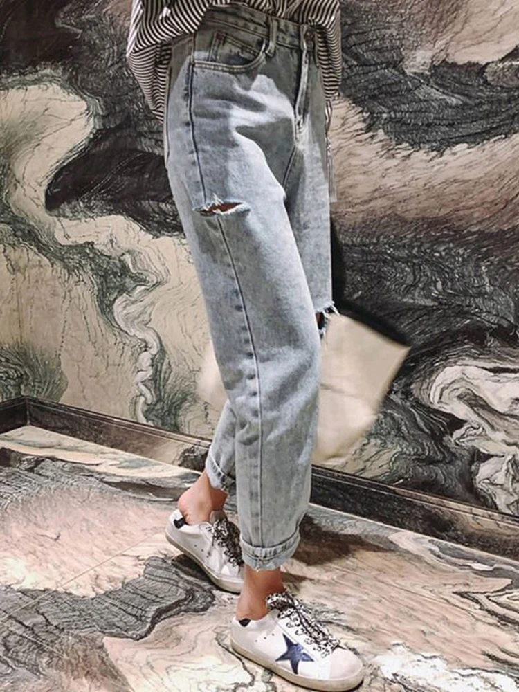 WITHZZ джинсы с высокой талией женские свободные прямые шаровары женские винтажные рваные хлопковые брюки шаровары