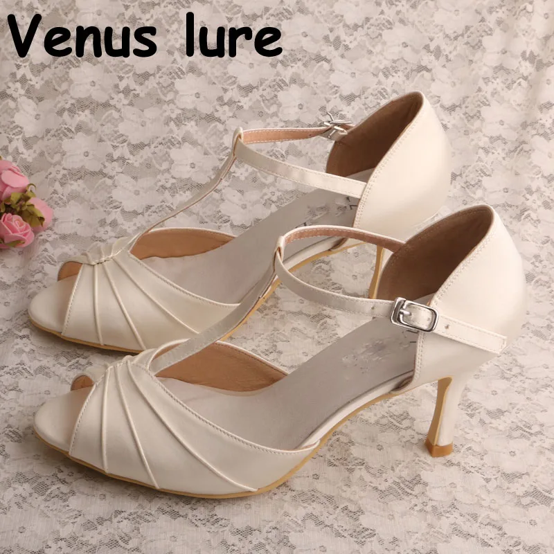 Ivory Satin Brides Wedding Shoes Sandals T Strap Women Open Toe