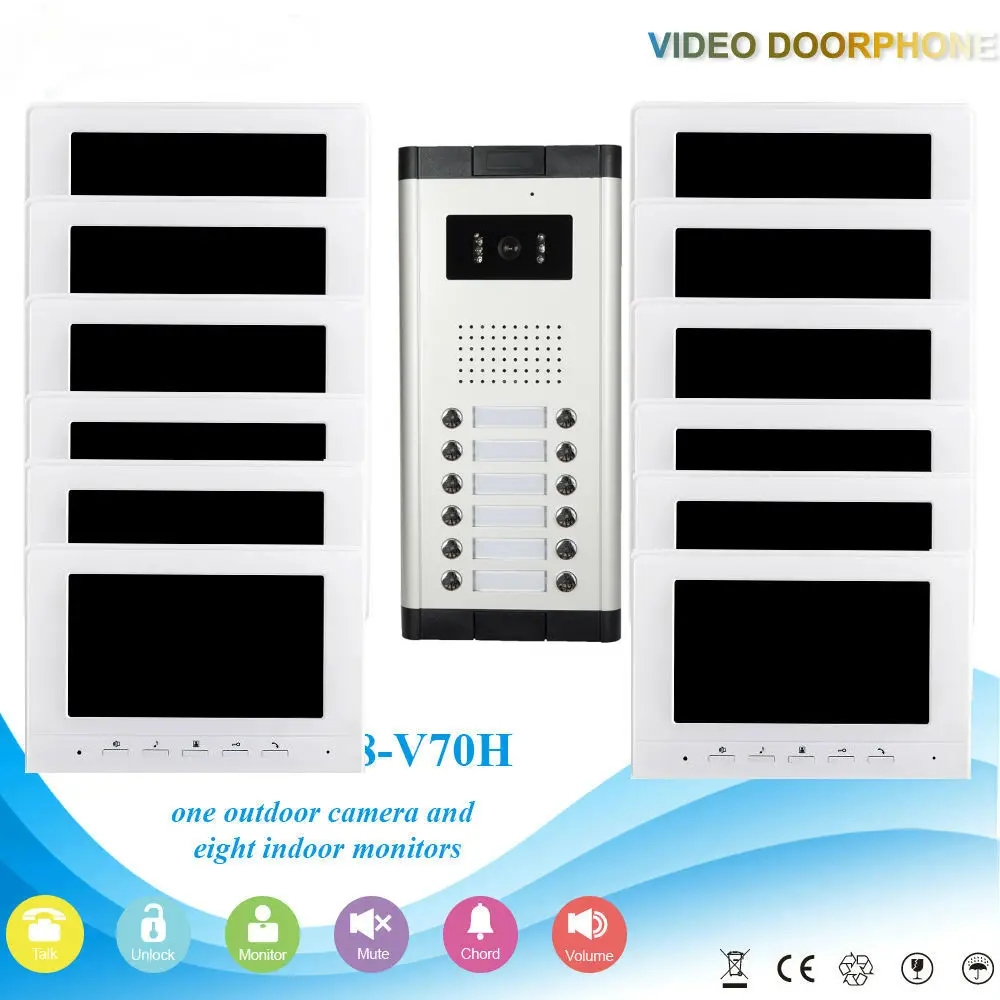 7 Inch Color LCD Wired Video Door Phone Intercom with Night Vision and Rainproof Design,Hands-free DoorBell 1 Camera 12 Monitor