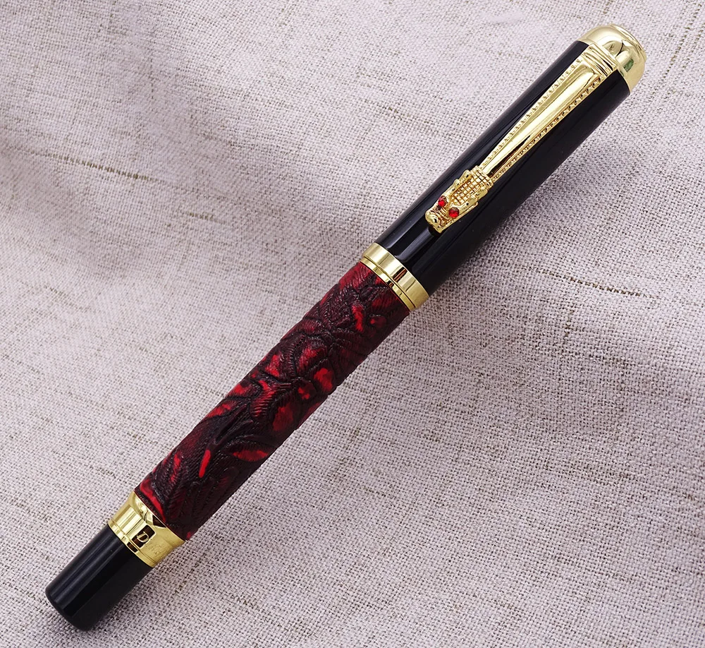 

Dikawen 817 Red Fountain Pen Grape Embossed Pattern Golden Drogon Clip Medium Nib Signature Writing Pen for Office Business