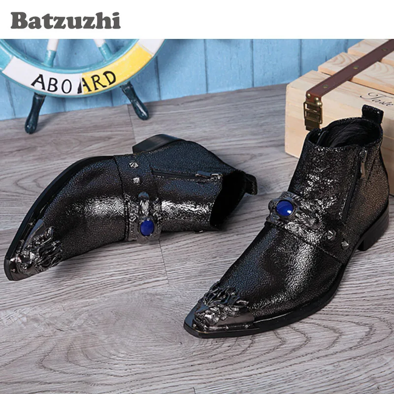 Batzuzhi/роскошные мужские ботинки черные кожаные Модельные ботильоны с