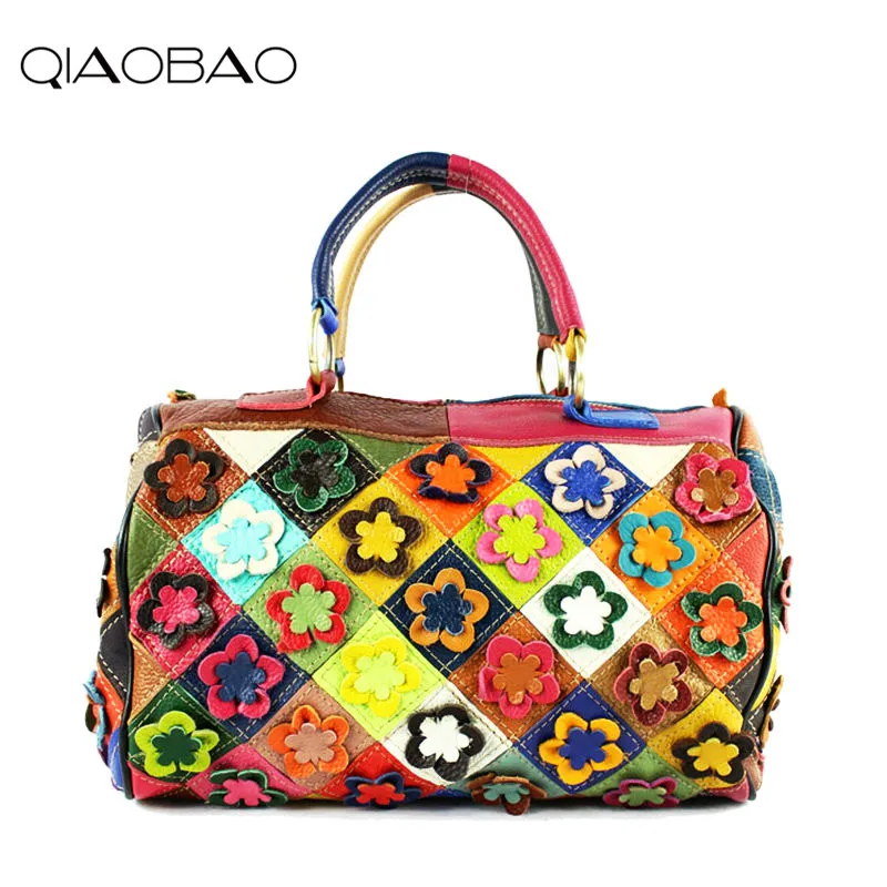 

QIAOBAO Appliques Women Cow Leather Handbags Vintage Big Ladies Hand Bags Girls Soft Genuine Leather Shoulder Bag Lady Totes