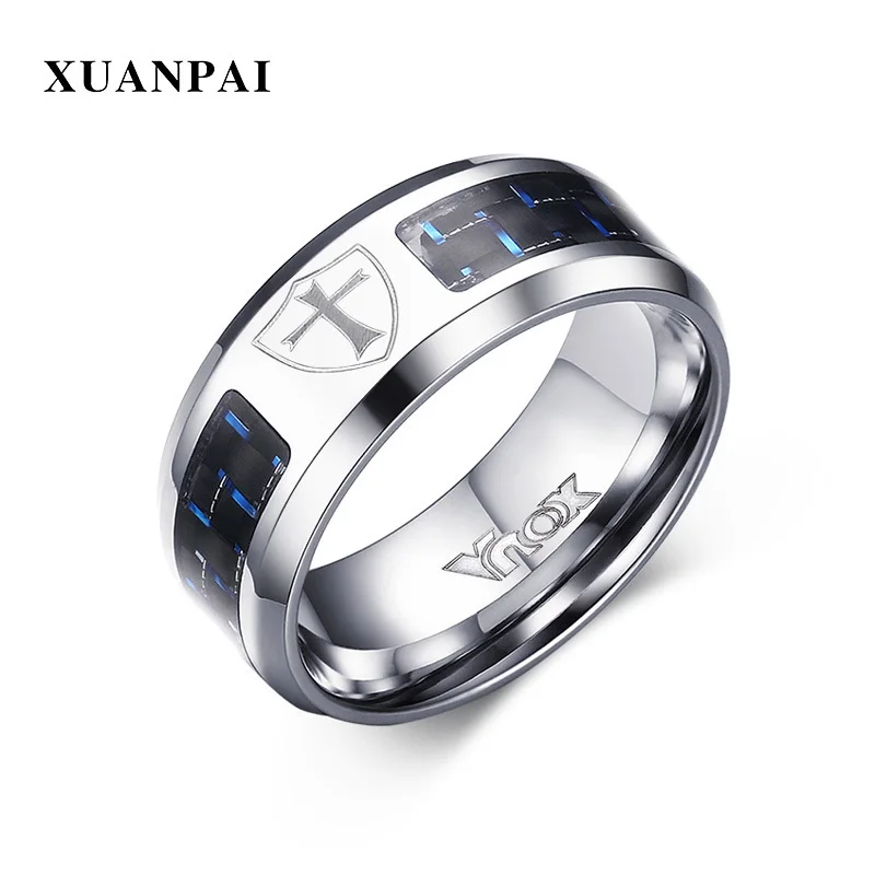 XUANPAI Knight Templar Rings For Men Stainless Steel Shield Cross Pattern Carbon Fiber Material Black Blue Color Male Jewelry