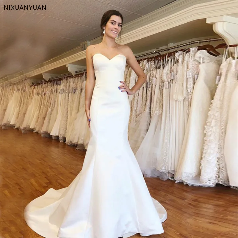 

Simple Satin Wedding Dresses Sweetheart Neckline Mermaid Style Vestido De Novia 2019 Cheap Custom Made Bridal Dress