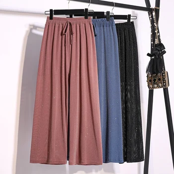 

2019 Summer European Style Women Wide Leg Pants Plus Size 4XL Anklet Length Pant Simple Cool Trousers Drawstring Ladies Capris
