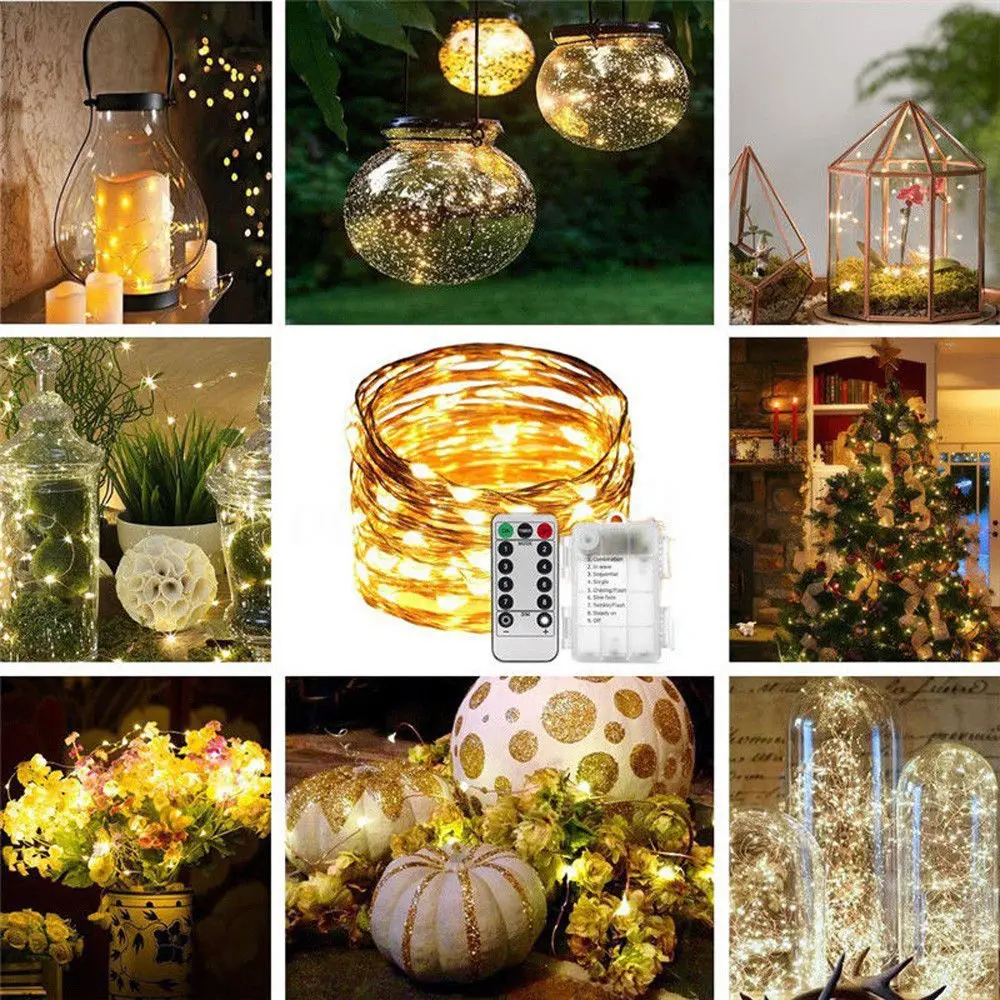 

5M 10M Waterproof Remote Control Fairy Lights Battery Operated LED Lights Decoration 8 Mode Timer String Copper Wire Christmas