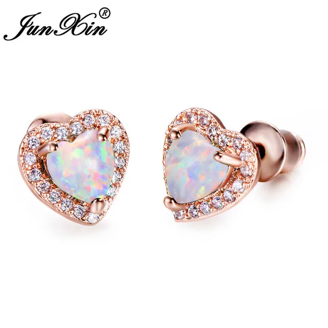 Junxin Cute White Fire Opal Heart Earrings For Women Vintage Rose Junxin Cute White Fire Opal Heart Earrings For Women Vintage Rose Gold Filled Stud Fashion