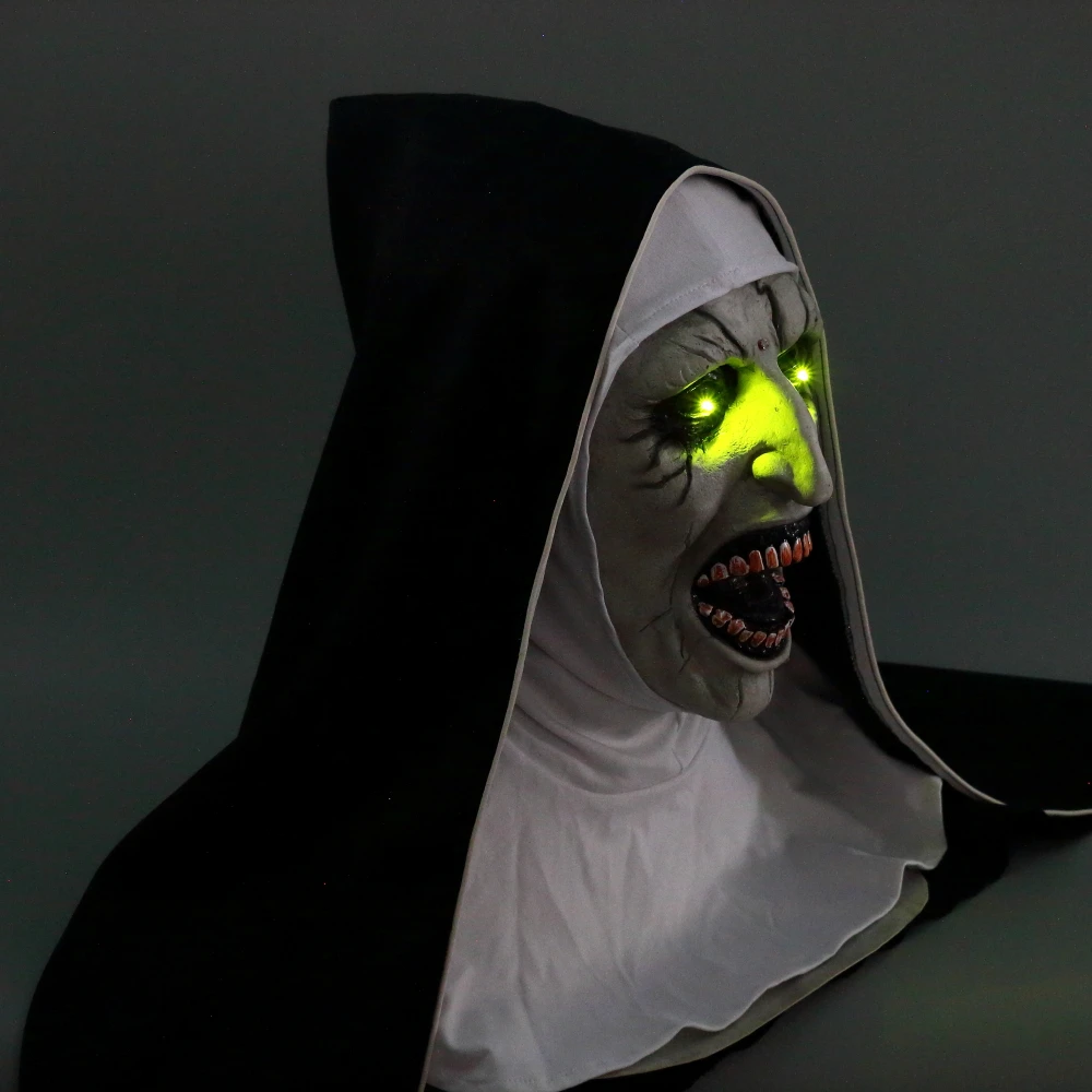 The Nun Mask Horror Mask With Scary Voice With Led light Cosplay Valak Latex Masks With Headscarf Helmet Halloween Party Props (7)