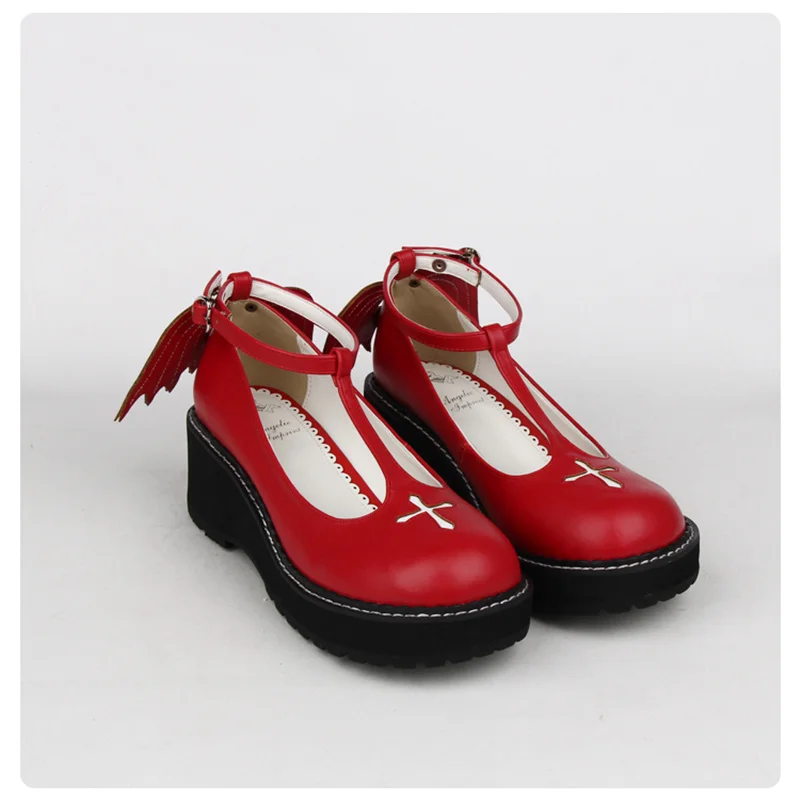Обувь в японском готическом стиле Лолиты для костюмированной вечеринки; обувь с Т-образным ремешком на щиколотке; обувь для девочек на средней платформе с круглым носком и крыльями; цвет красный, черный