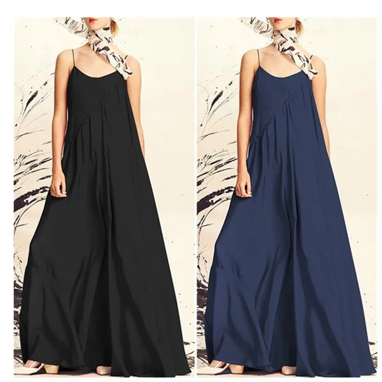

2019 Summer Women Sexy V-Neck Spaghetti Straps Dress Front Pleated Long Maxi Dress Plus Size Loose Beach Dress