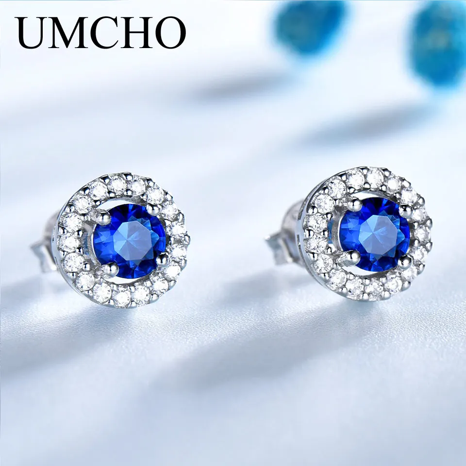 UMCHO Simulated Sapphire Stud Earrings For Women Solid Pure 925 Sterling Silver Earrings Wedding Princess Diana Romantic Jewelry