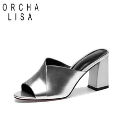 ORCHA LISA/новые женские тапочки из натуральной коровьей кожаные туфли женские мюли с открытым носком обувь толстый Обувь на высоком каблуке