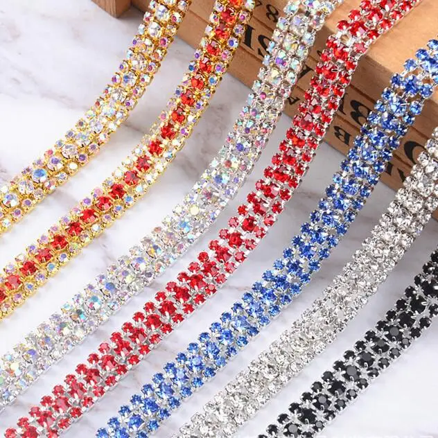5y 3 Rows AB Color Rhinestone Chain Lace Trims Crystal Ribbon DIY