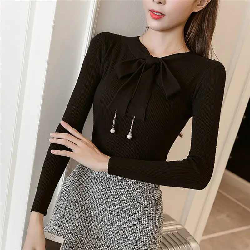 

Fashion Women Bow Round Collar Slim Bottoming T-Shirt 2018 Autumn Knit Tops Long-Sleeved Casual Tops