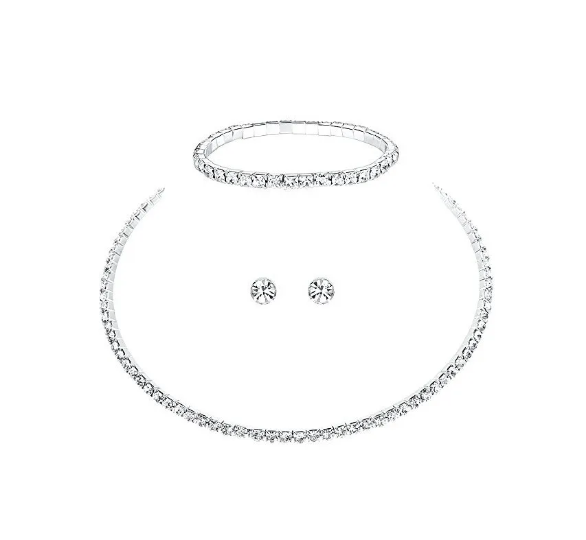 Círculo de Cristal Da Dama de Honra Nupcial Conjuntos de Jóias De Cor Prata de Strass Casamento Colar Brincos Pulseira Conjuntos para As Mulheres (1)