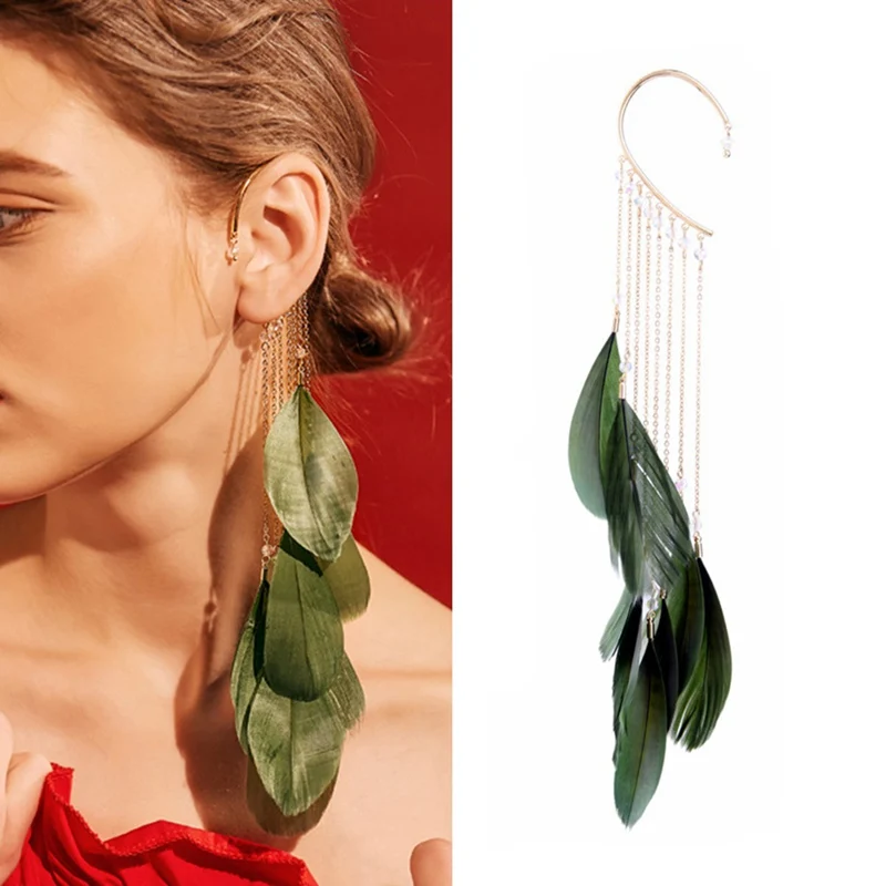 

Trendy Green Leaves Feather Long Tassels Cuff Clip Earrings Without Piercing Crawlers Women Ear Cuff Fashion Jewelry