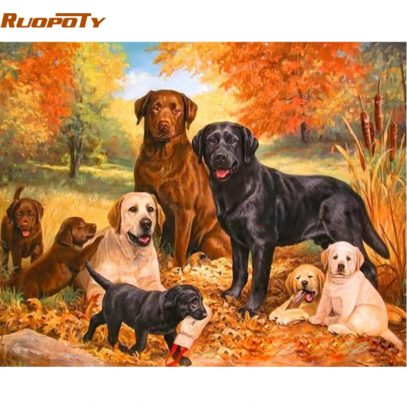 

RUOPOTY Frame Dogs Family DIY Painting By Number Animals Hand painted Oil Painting Wall Art Picture Unique Gift For Home Decor