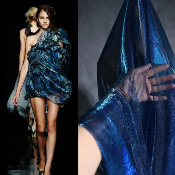 

Blue Dazzling sexy Golden Mesh Yarn Laser Skirt fabric dress patch wedding diy textiles tweed lace fabric telas por metro A529