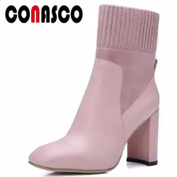 CONASCO/Новое поступление, женские сапоги до середины икры из натуральной кожи, осенне-зимняя теплая обувь на высоком каблуке, женские офисные