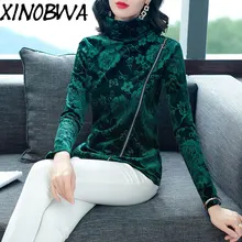 Европа Новинка Осень Женская высокая уличная мода длинный рукав водолазка печать велюровая футболка Топы женские свободные рубашки на молнии Горячая